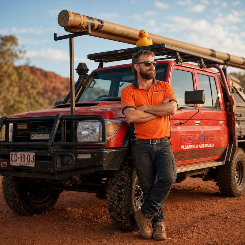 A red branded plumbing ute in the outback with a rubber duck on the roof rack