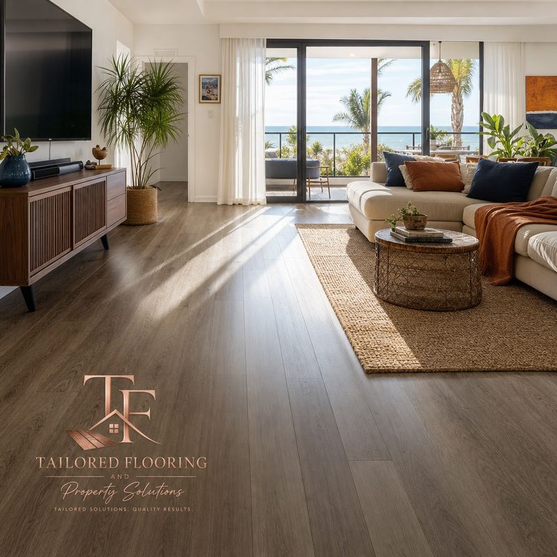 A bright coastal living room with a new hybrid timber floor