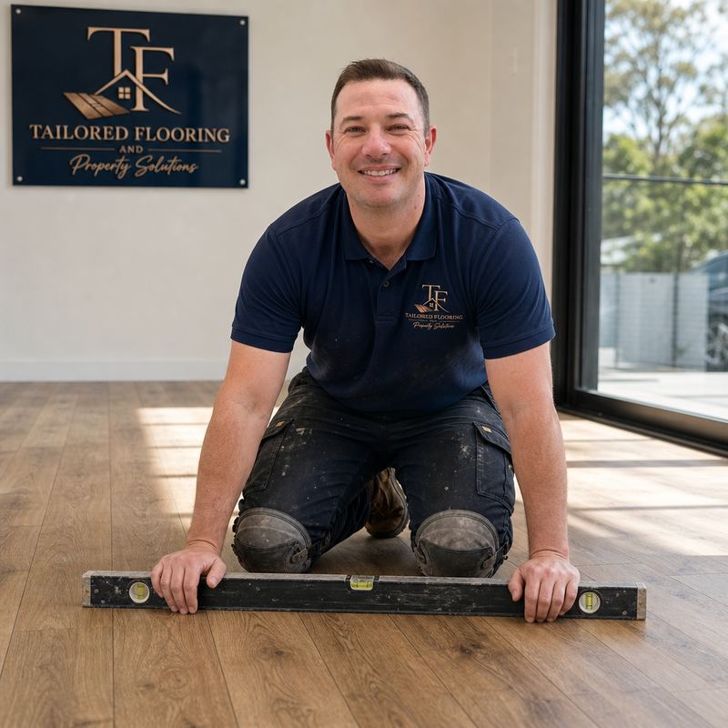 A flooring installer checking a timber floor with a long spirit level in front of a branded banner
